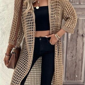 Women's Tan Open-Knit Cardigan Sweater